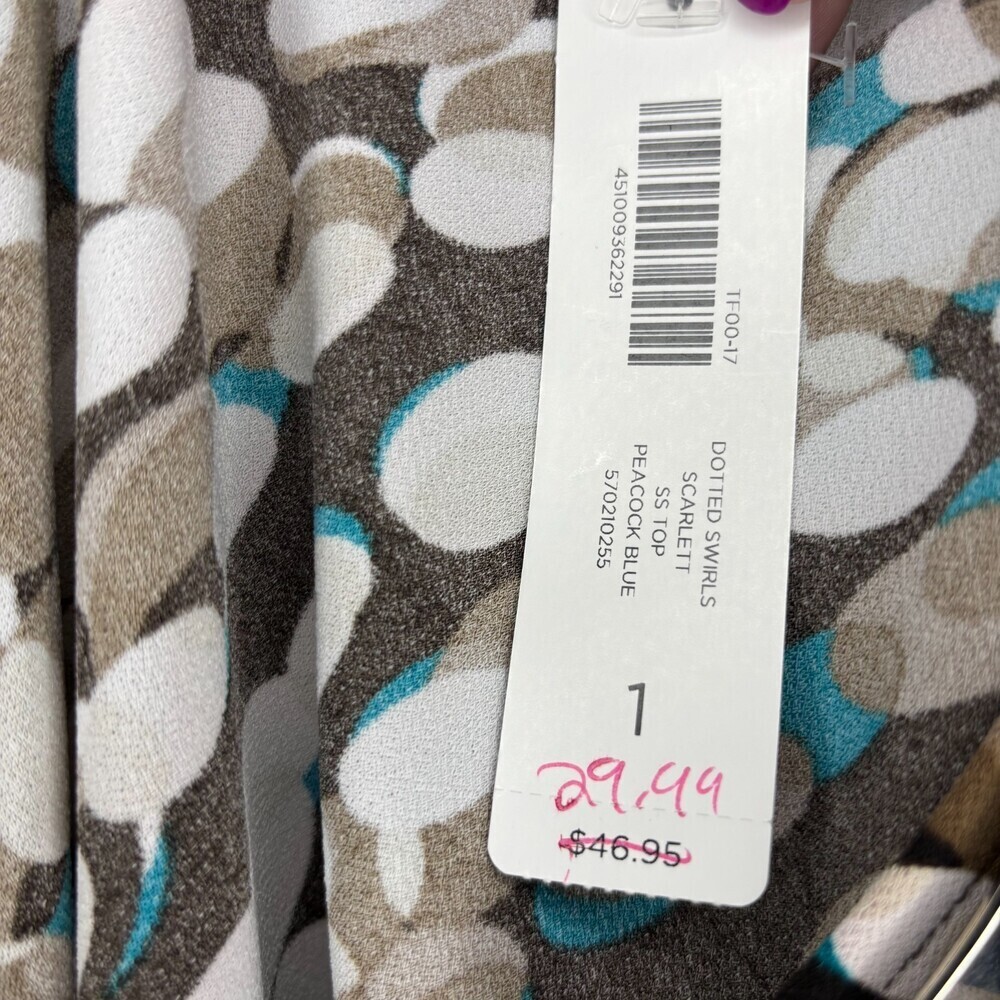 CHICO'S NEW Dotted Swirls Scarlett Short Sleeve Top Women M Peacock Blue Stretch - Picture 7 of 9